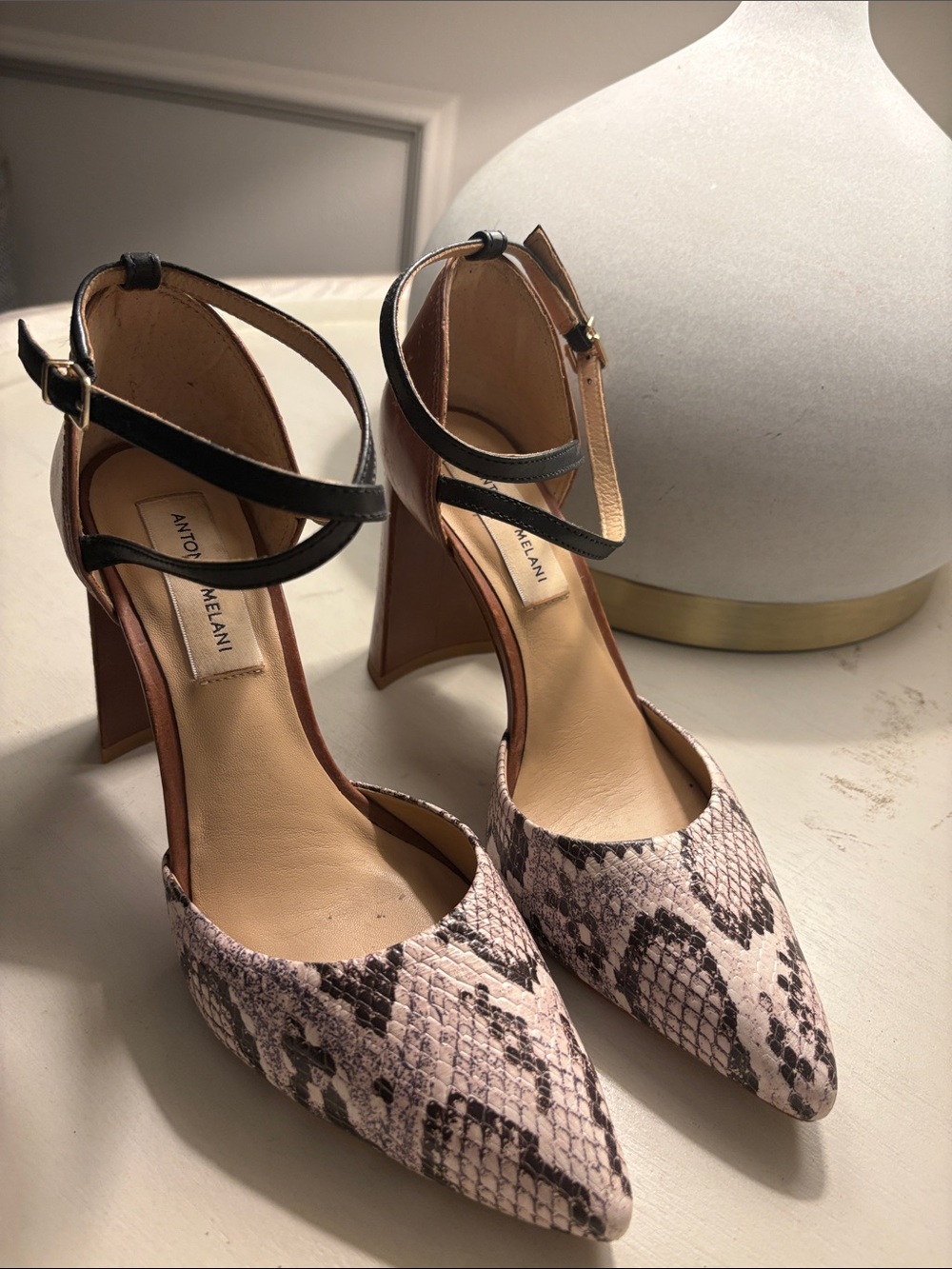 ANTONIO MELANIE Snake-Print Pointed Toe Ankle-Strap Heels